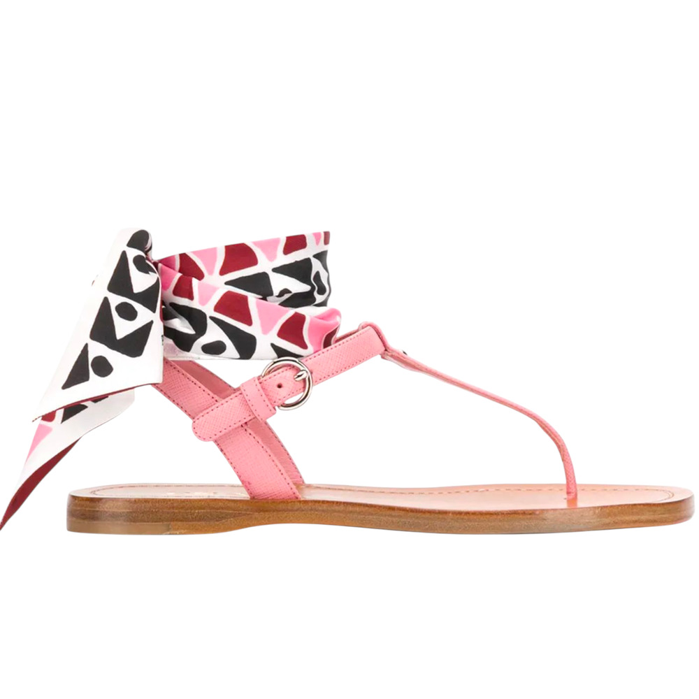 Prada Pink Leather Sandals with Printed Scarf Tie Size 38.5 Designer Flat Thong